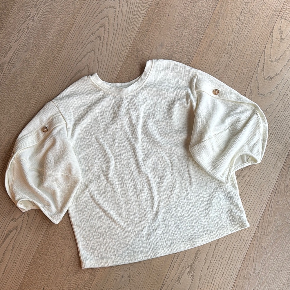 Anthropologie Cream Textured Puff Sleeve Top